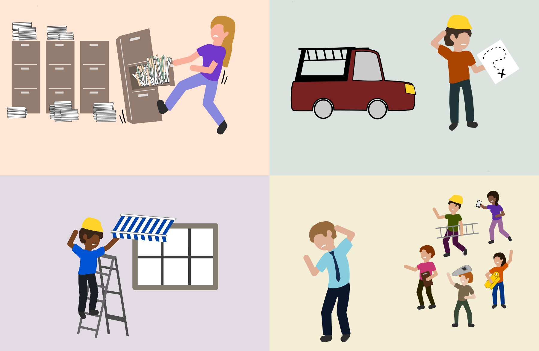a grid of four images showing different mistakes people at an awning company might make: trouble with crowded filing cabinets, lost on the way to a job site, made an awning the wrong size, too hassled by employees to get work done